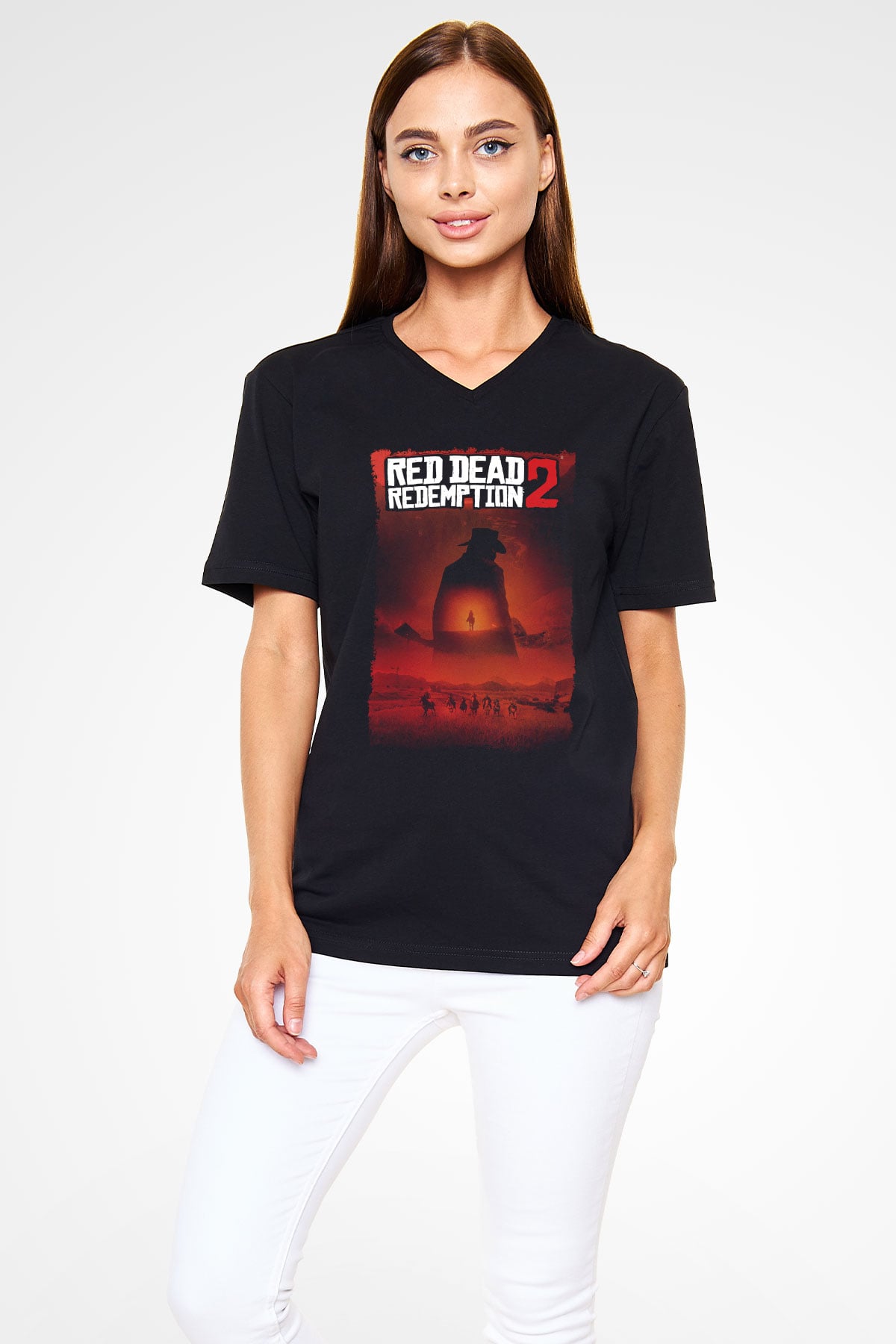 Red Dead Redemption Siyah Unisex V Yaka Tişört