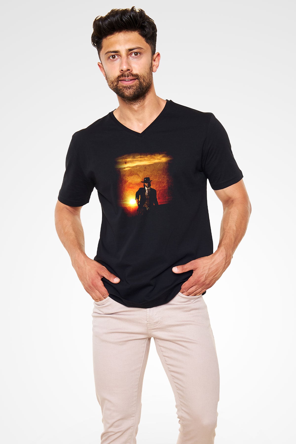 Red Dead Redemption Siyah Unisex V Yaka Tişört T-Shirt