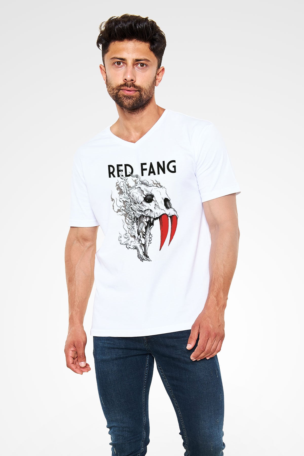 Red Fang Beyaz Unisex V Yaka Tişört