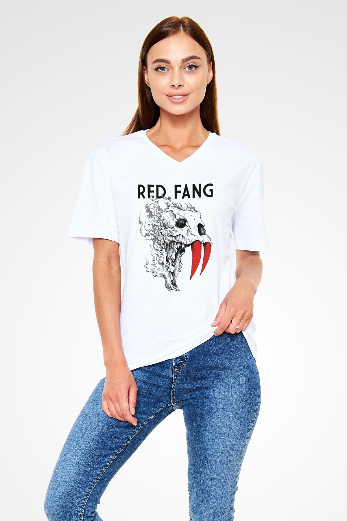 Red Fang Beyaz Unisex V Yaka Tişört