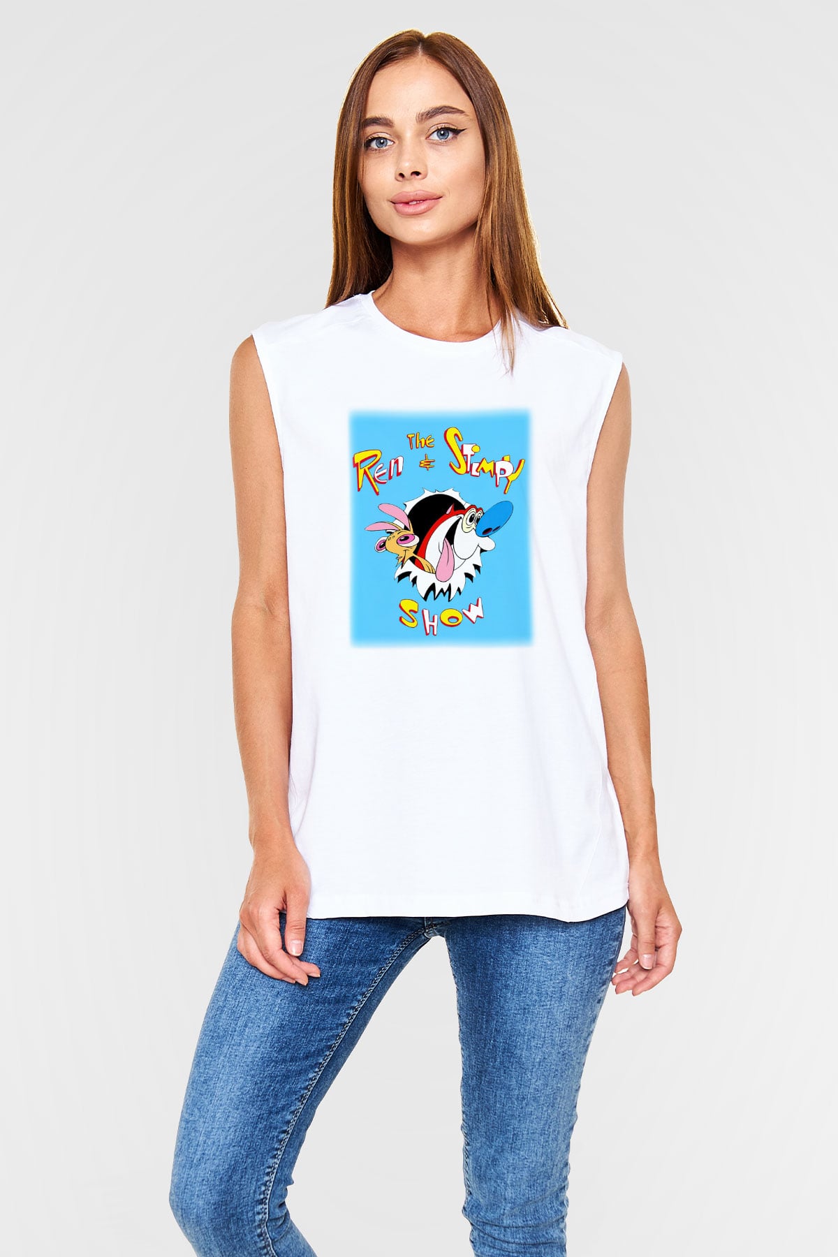 Ren and Stimpy Show Beyaz Unisex Kolsuz Tişört