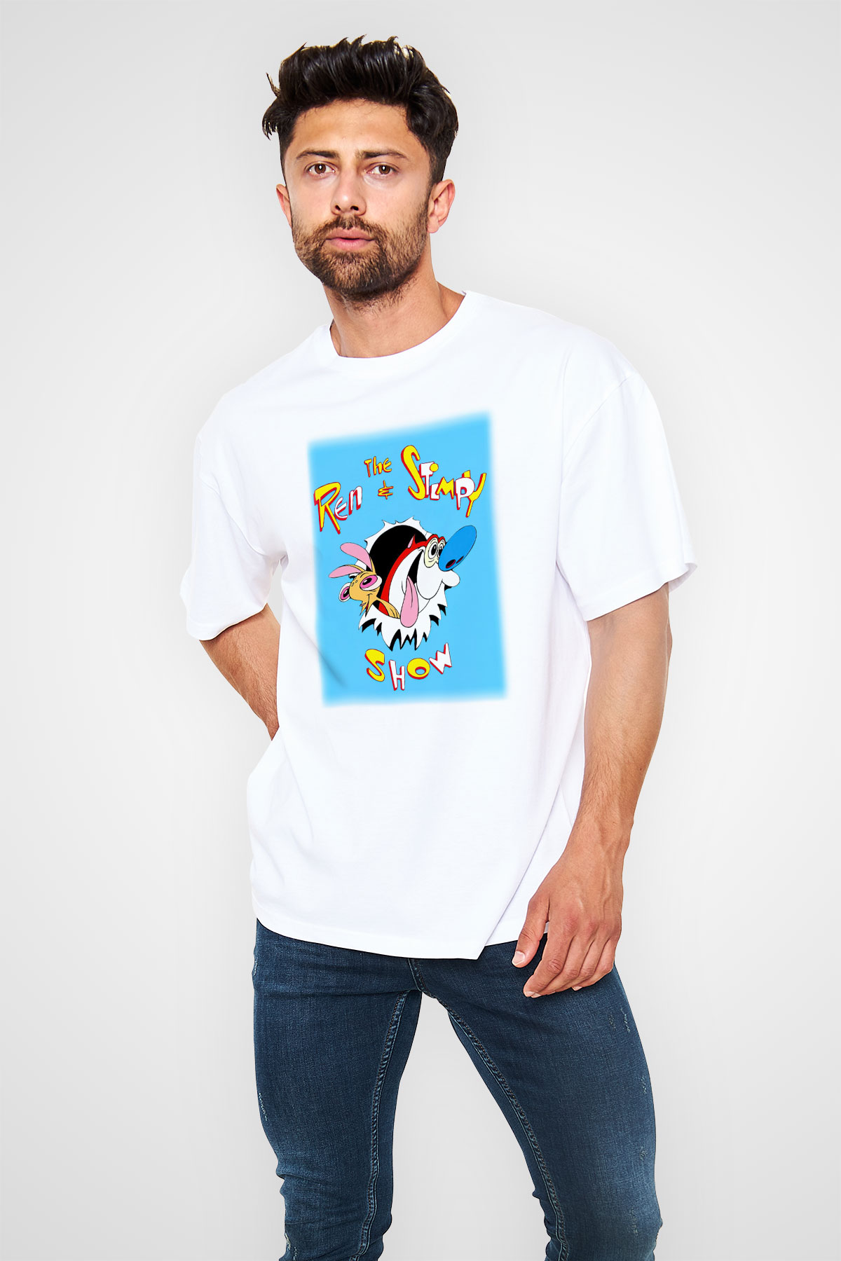 Ren and Stimpy Show Beyaz Unisex Oversize Tişört T-Shirt