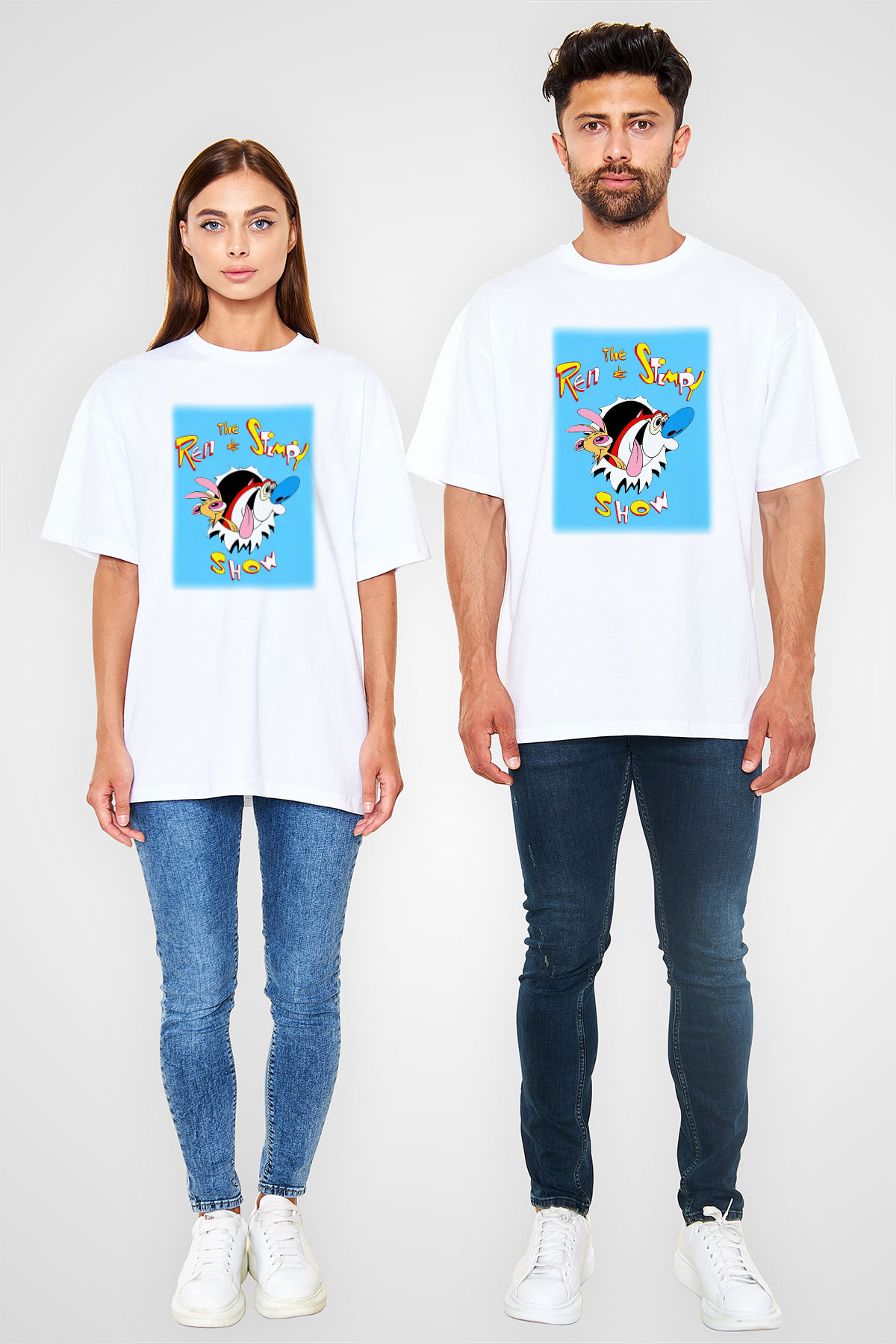 Ren and Stimpy Show Beyaz Unisex Oversize Tişört T-Shirt