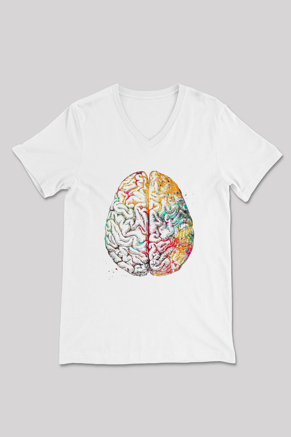 Renkli İnsan Beyni Baskılı Unisex V Yaka Beyaz Tişört - Tshirt