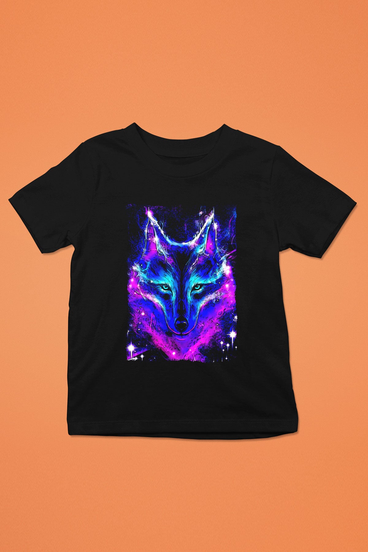 Renkli Kurt Baskılı Unisex Siyah  Çocuk Tişört