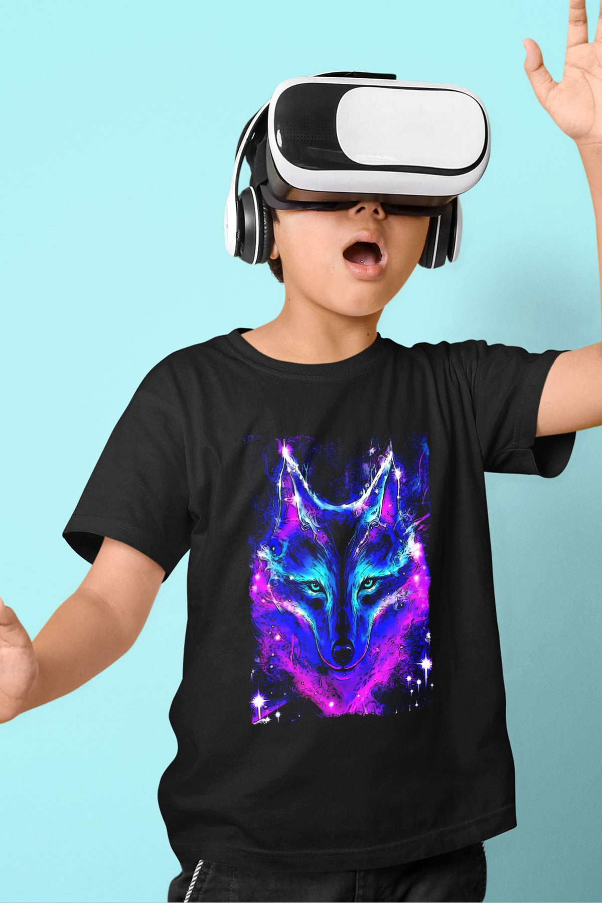 Renkli Kurt Baskılı Unisex Siyah  Çocuk Tişört