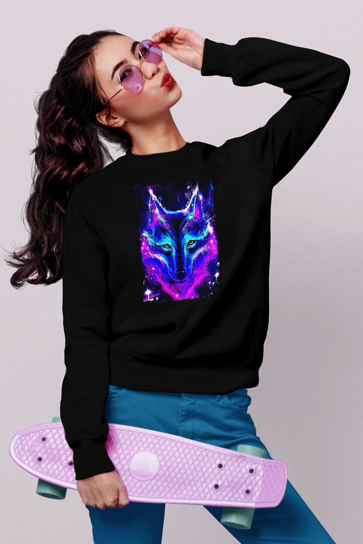 Renkli Kurt Baskılı Unisex Siyah  Sweatshirt