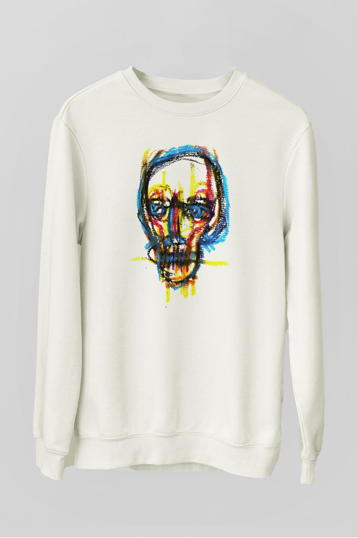 Renkli Kurukafa Baskılı Beyaz  Sweatshirt