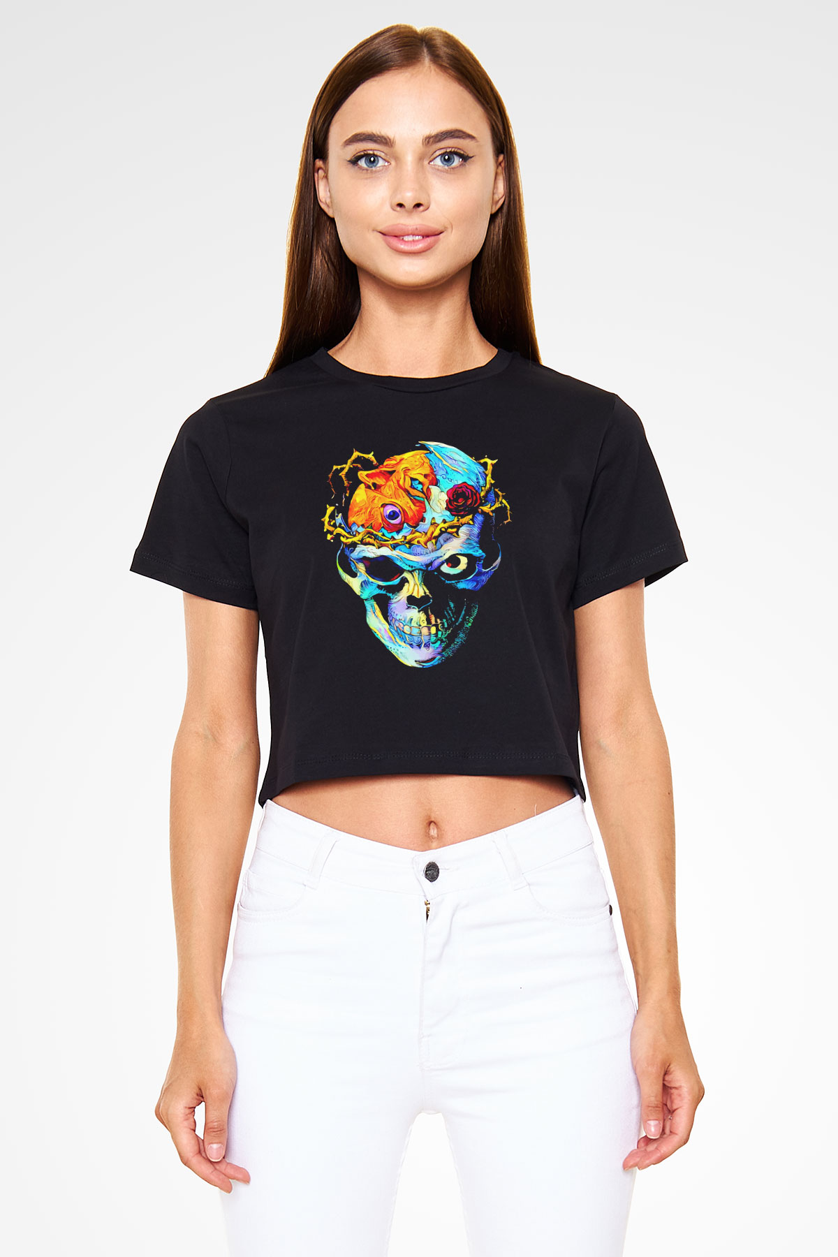 Renkli Kurukafa Baskılı  Siyah  Crop Top Tişört