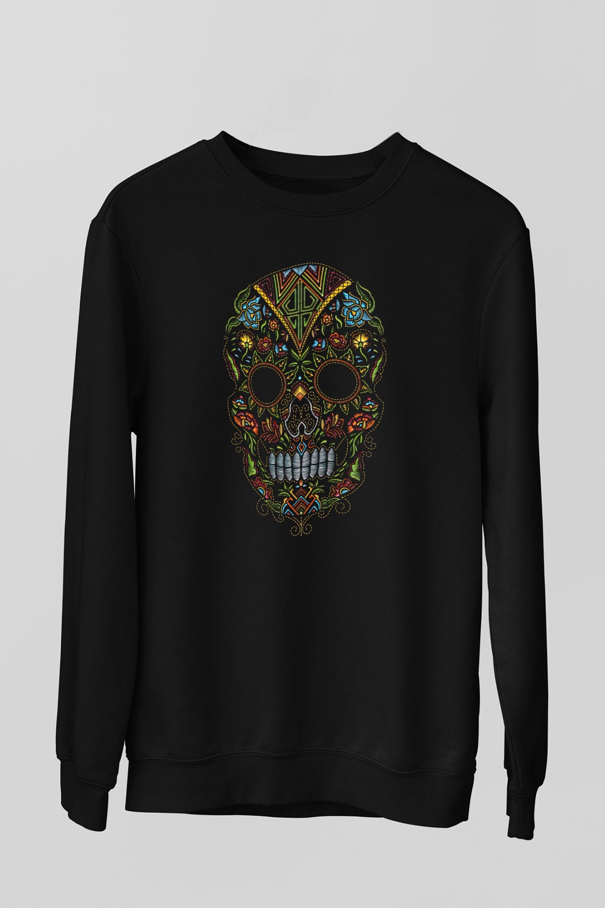Renkli Kurukafa Baskılı Siyah  Sweatshirt