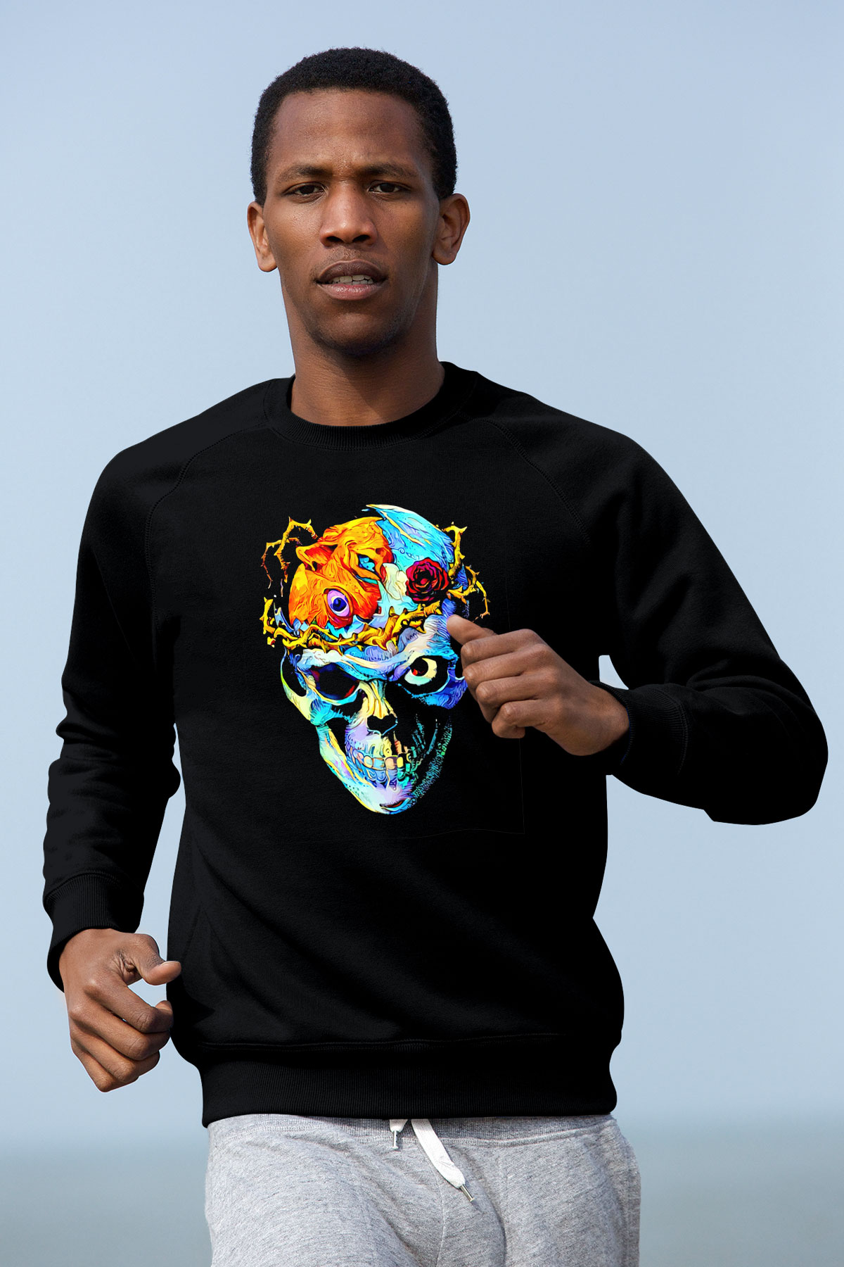 Renkli Kurukafa Baskılı Unisex Siyah  Sweatshirt