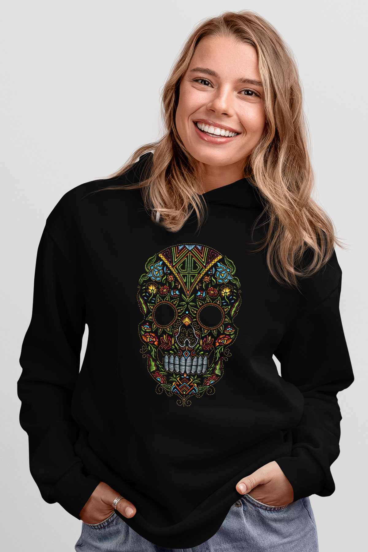 Renkli Kurukafa Siyah  Unisex Hoodie