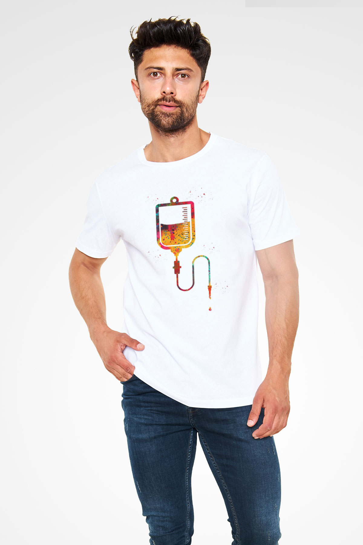 Renkli Serum Baskılı Unisex Beyaz Tişört - Tshirt