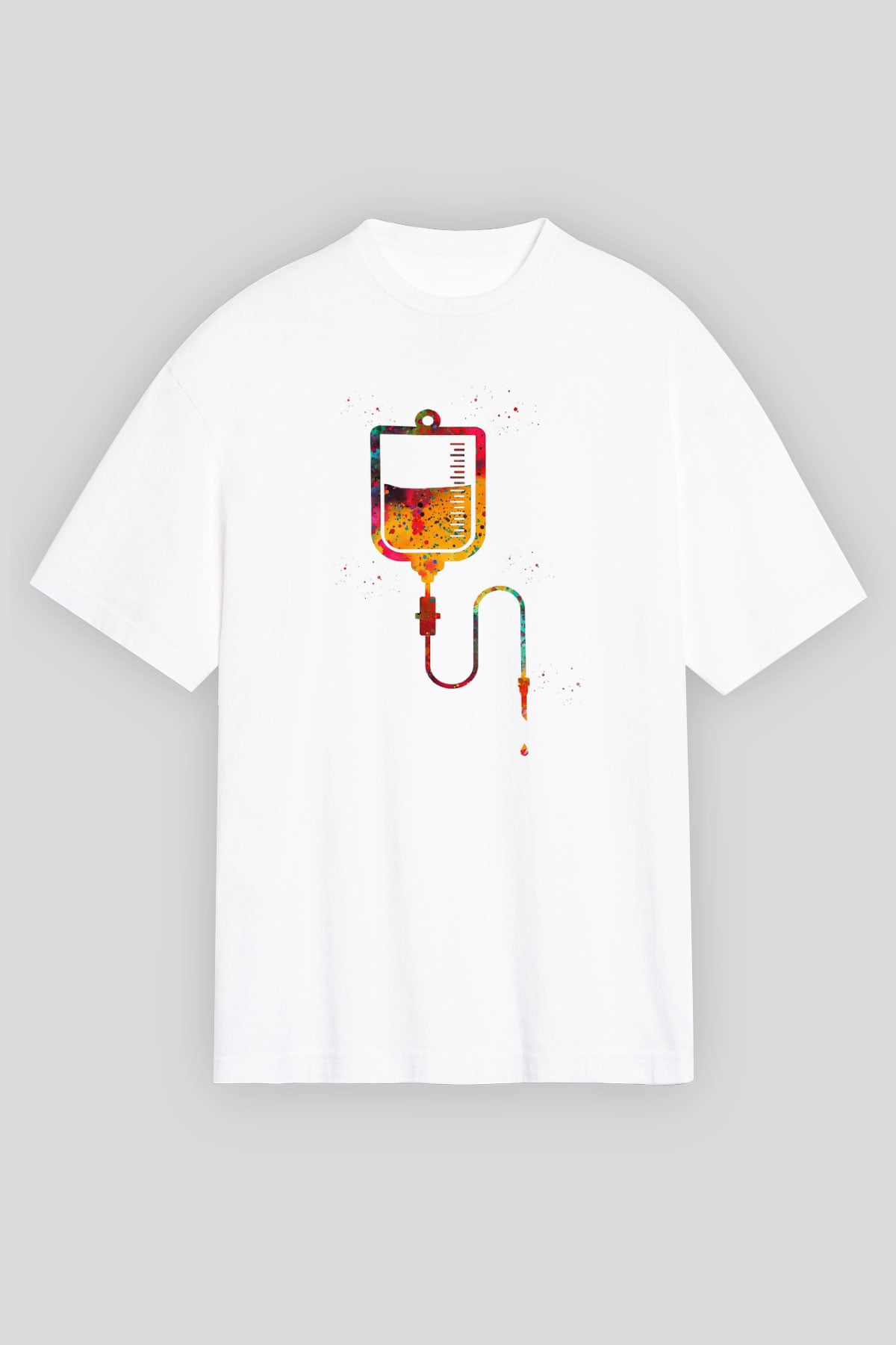 Renkli Serum Baskılı Unisex Oversize Beyaz Tişört - Tshirt