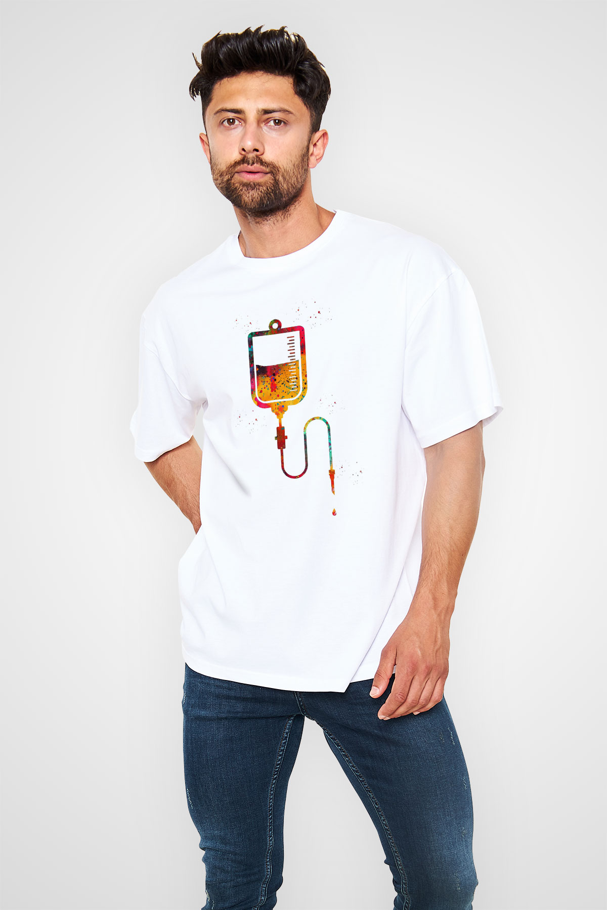 Renkli Serum Baskılı Unisex Oversize Beyaz Tişört - Tshirt