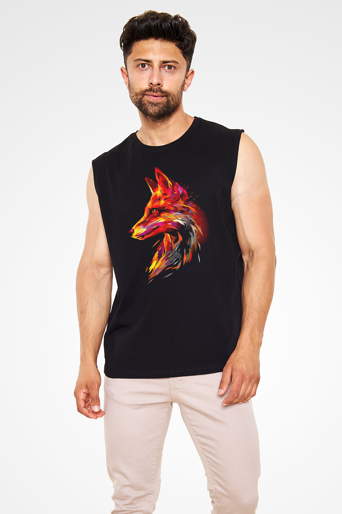 Renkli Tilki Baskılı Unisex Siyah  Kolsuz Tişört