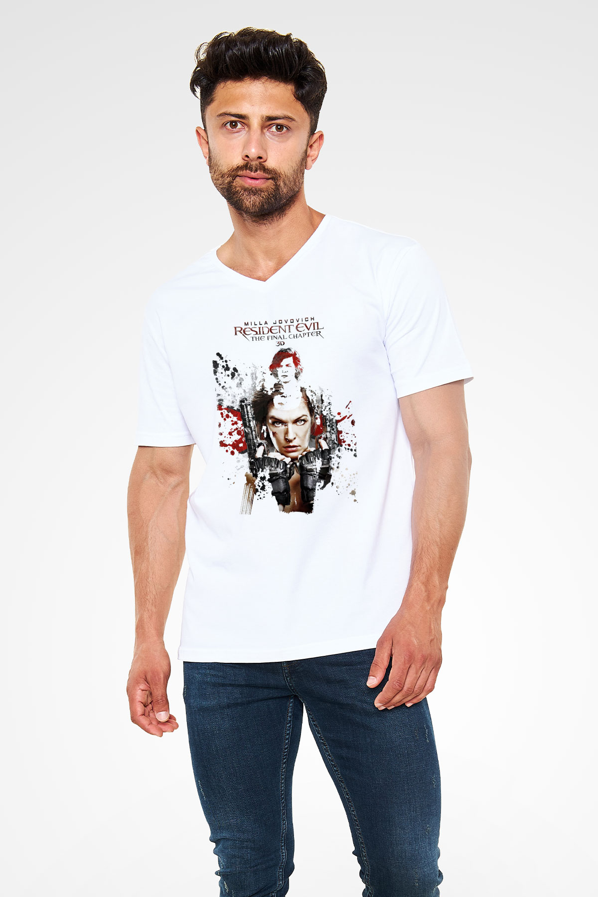 Resident Evil Beyaz Unisex V Yaka Tişört