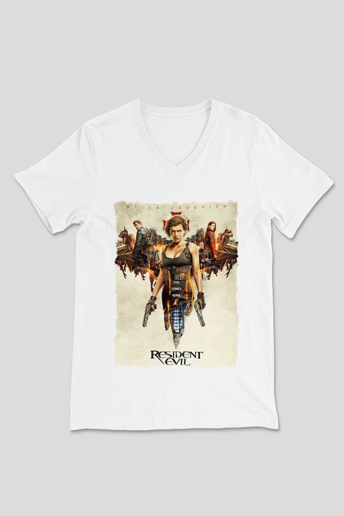 Resident Evil Beyaz Unisex V Yaka Tişört