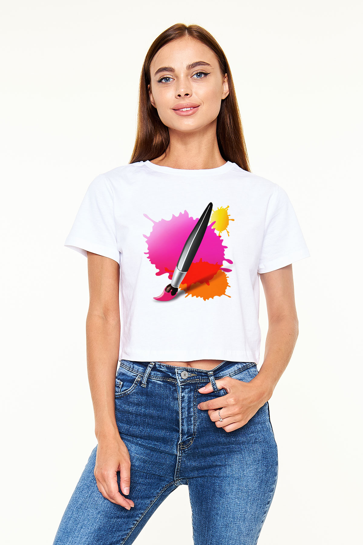 Ressam Beyaz Croptop Tişört