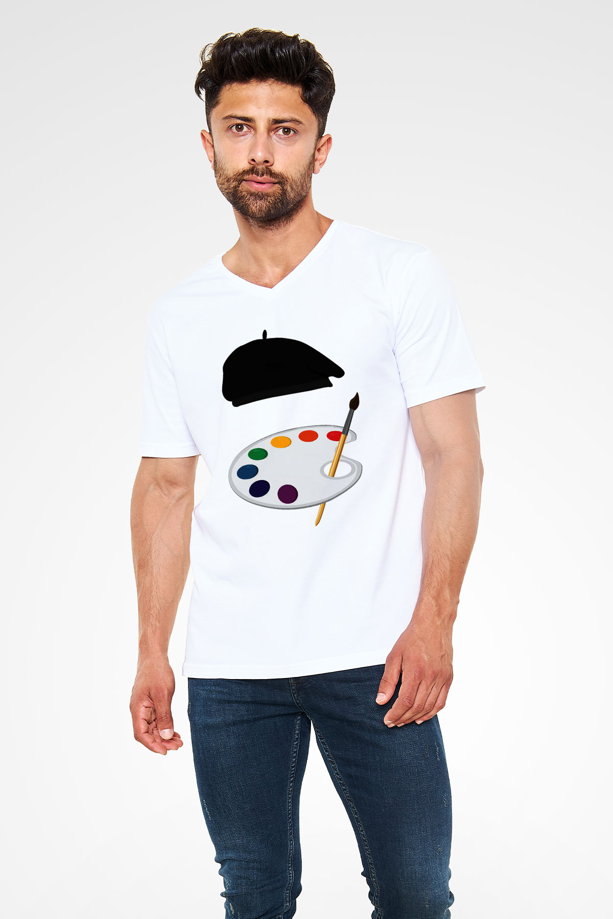 Ressam Beyaz Unisex V Yaka Tişört T-Shirt