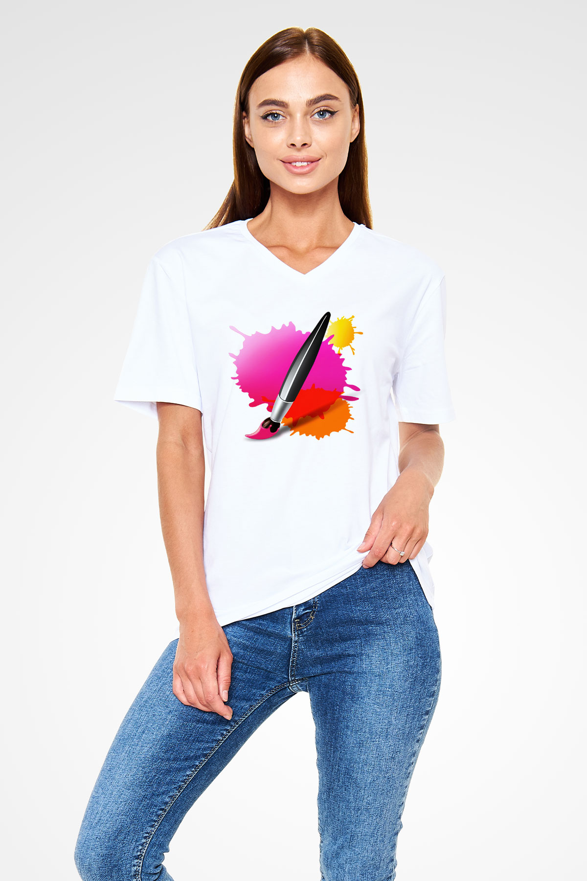 Ressam Beyaz Unisex V Yaka Tişört T-Shirt