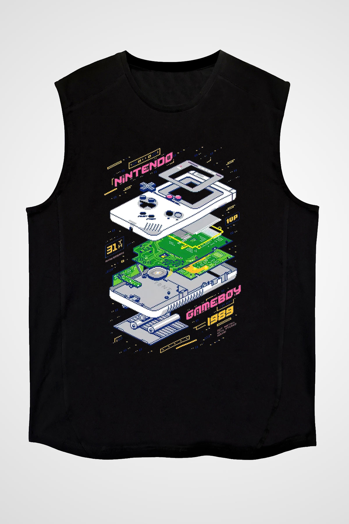 Retro Gameboy Baskılı Unisex Siyah  Kolsuz Tişört