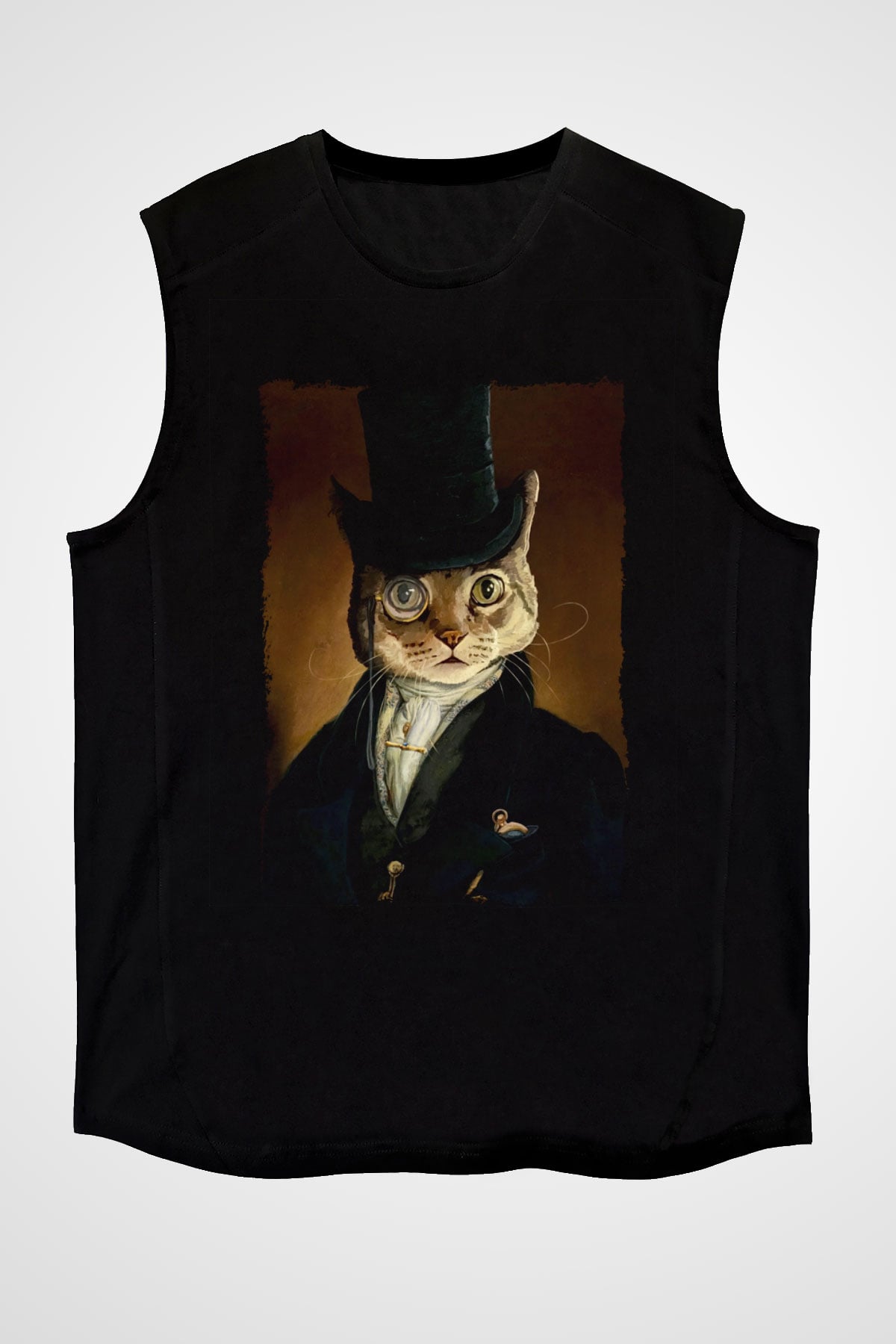 Retro Kedi Tablo Baskılı Siyah  Kolsuz Tişört