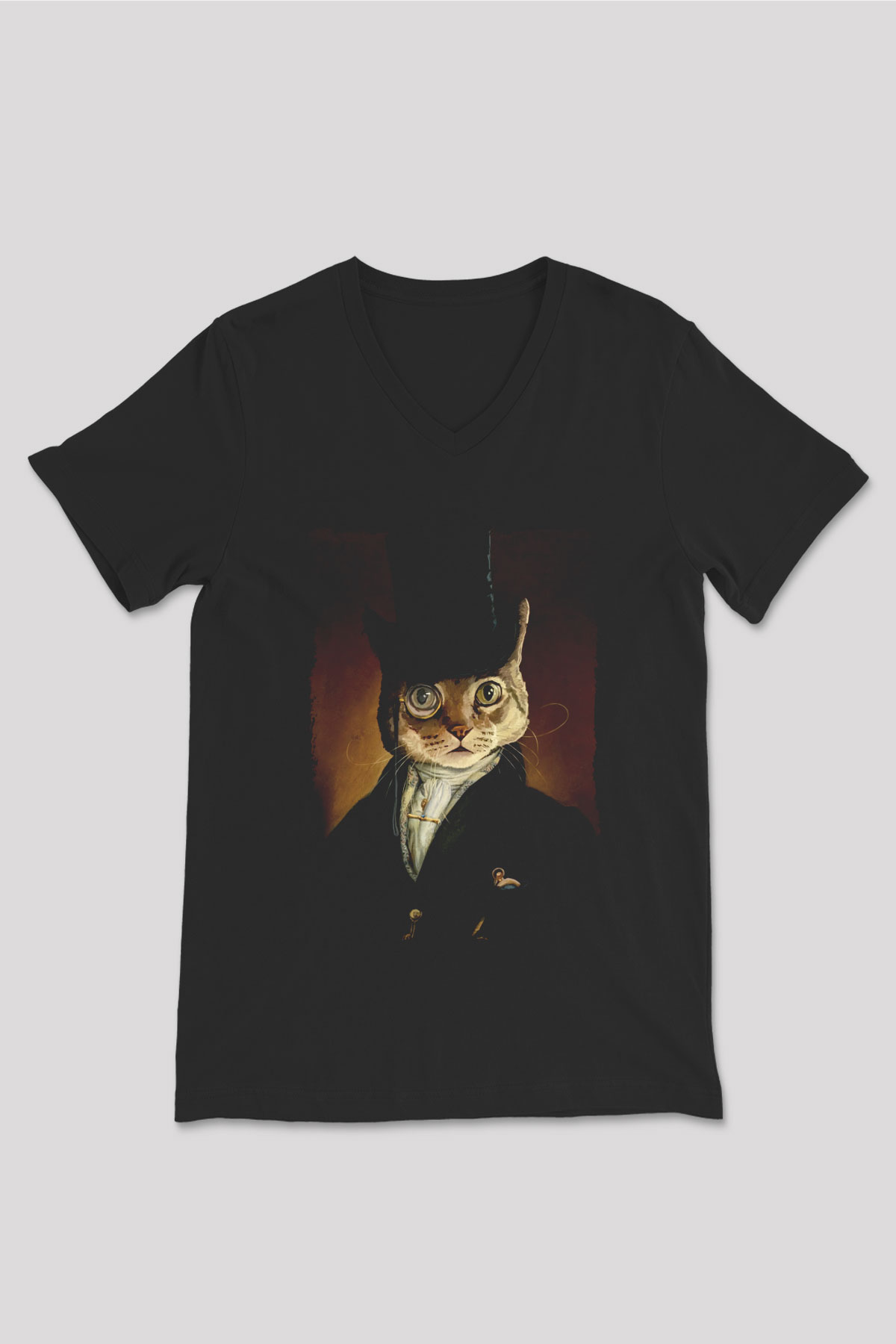 Retro Kedi Tablo Baskılı Siyah  V Yaka Tişört
