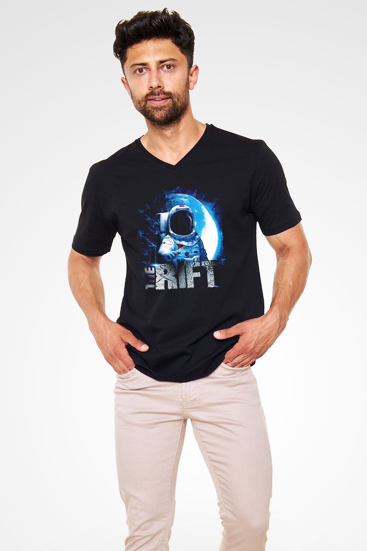 Rift Siyah Unisex V Yaka Tişört