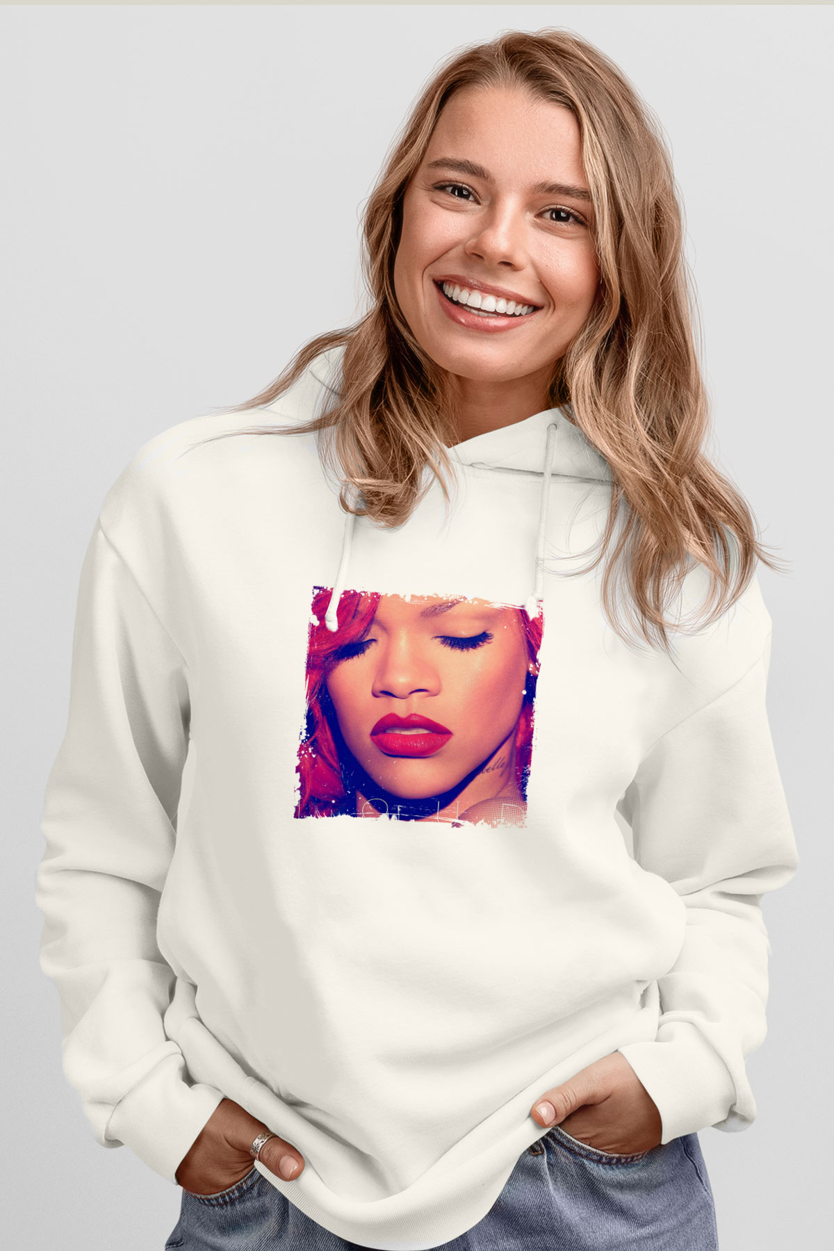Rihanna Baskılı Unisex Beyaz Kapüşonlu Sweatshirt