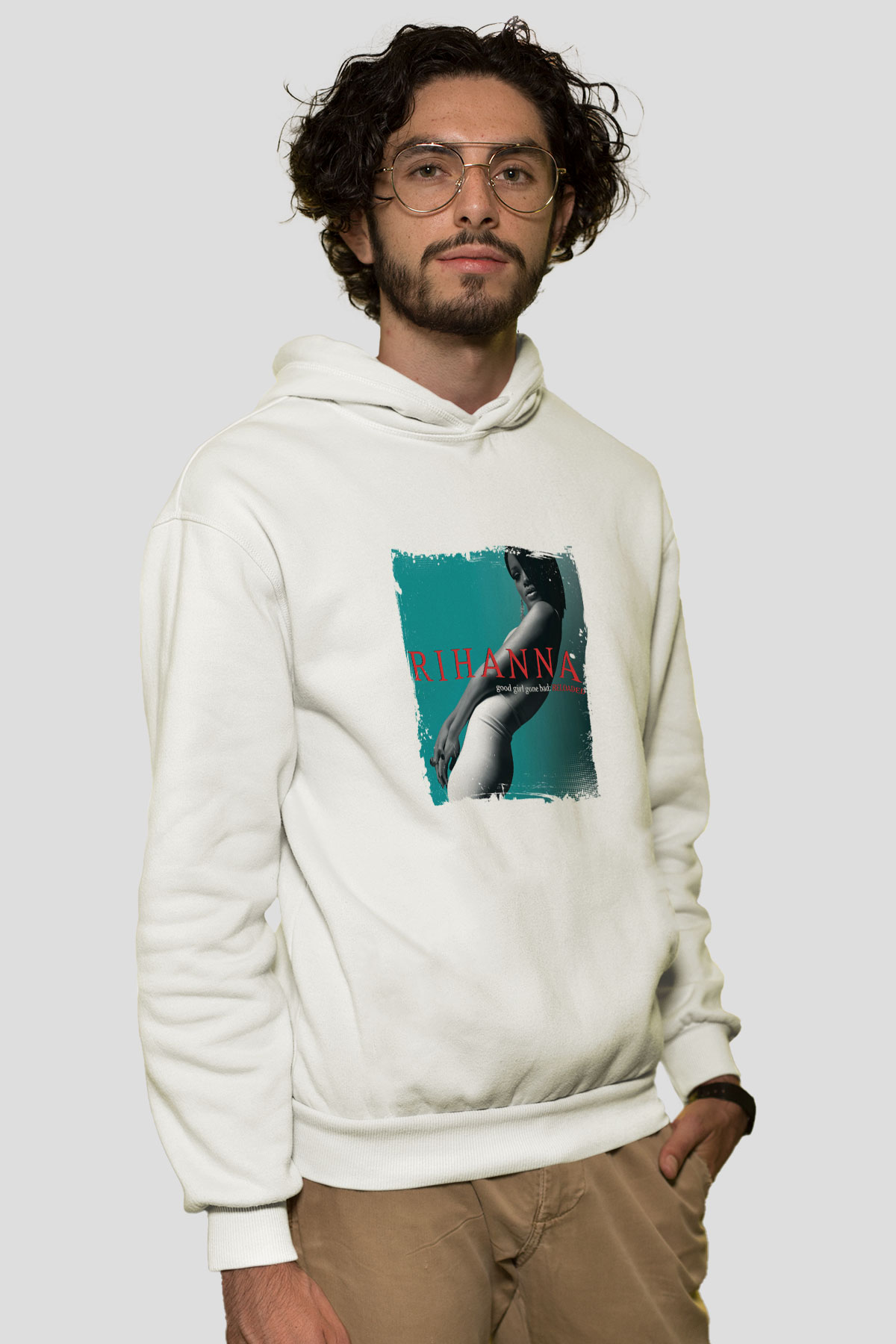 Rihanna Baskılı Unisex Beyaz Kapüşonlu Sweatshirt