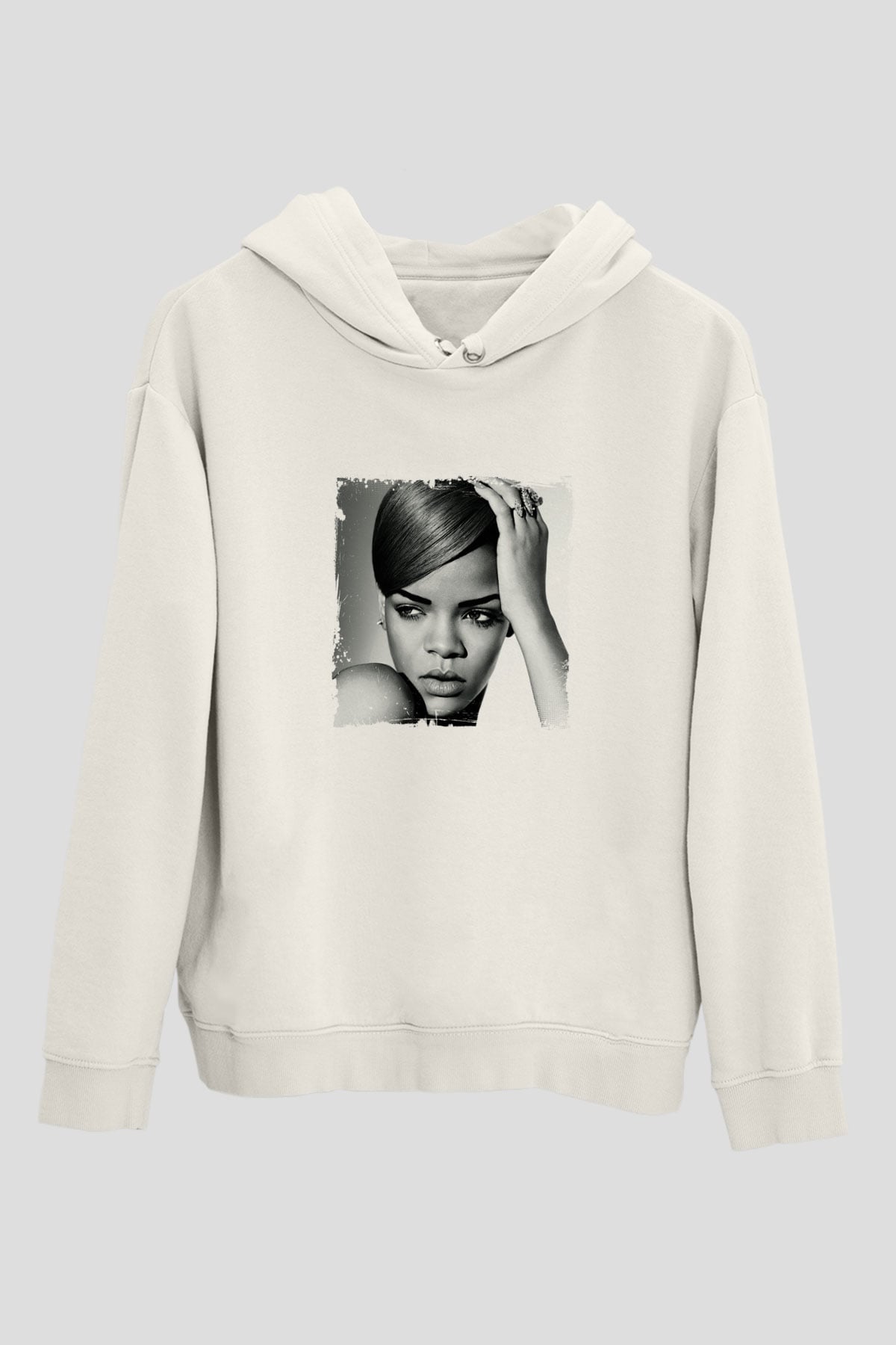 Rihanna Baskılı Unisex Beyaz Kapüşonlu Sweatshirt