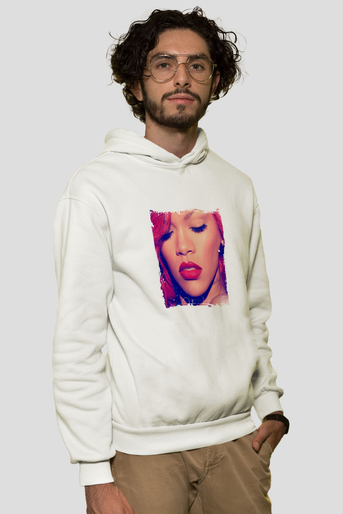 Rihanna Baskılı Unisex Beyaz Kapüşonlu Sweatshirt