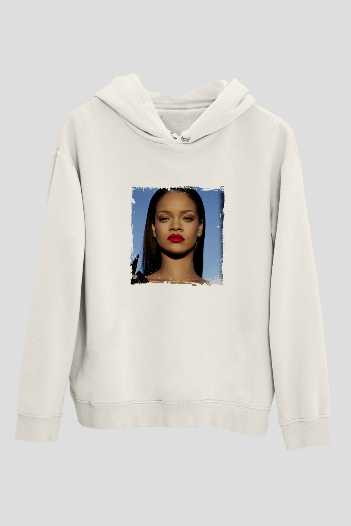 Rihanna Baskılı Unisex Beyaz Kapüşonlu Sweatshirt