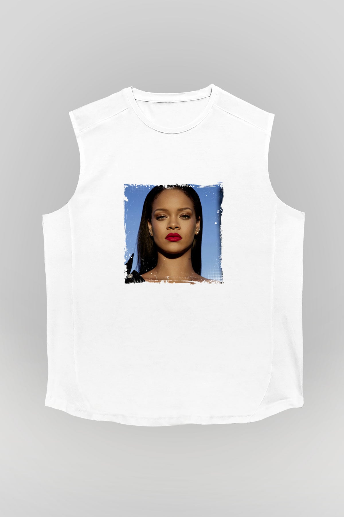 Rihanna Baskılı Unisex Beyaz Kolsuz Tişört