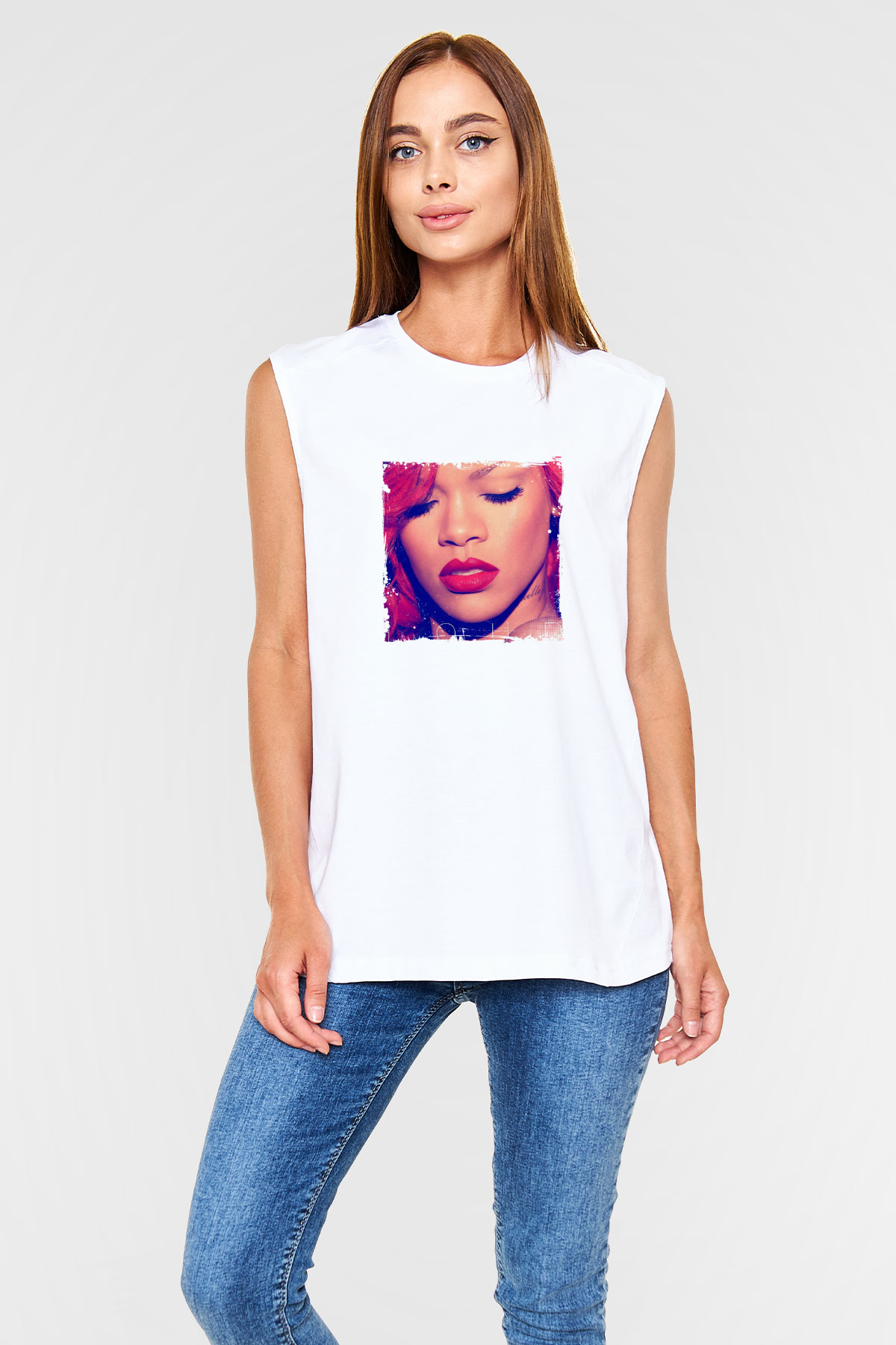 Rihanna Baskılı Unisex Beyaz Kolsuz Tişört