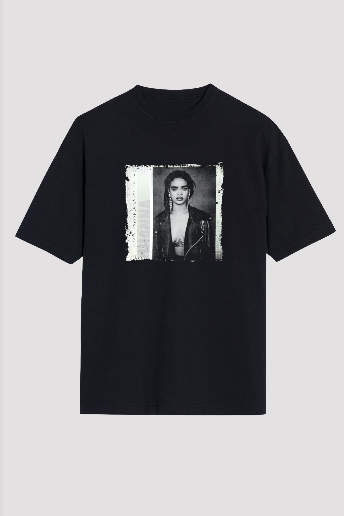 Rihanna Baskılı Unisex Oversize Siyah Tişört