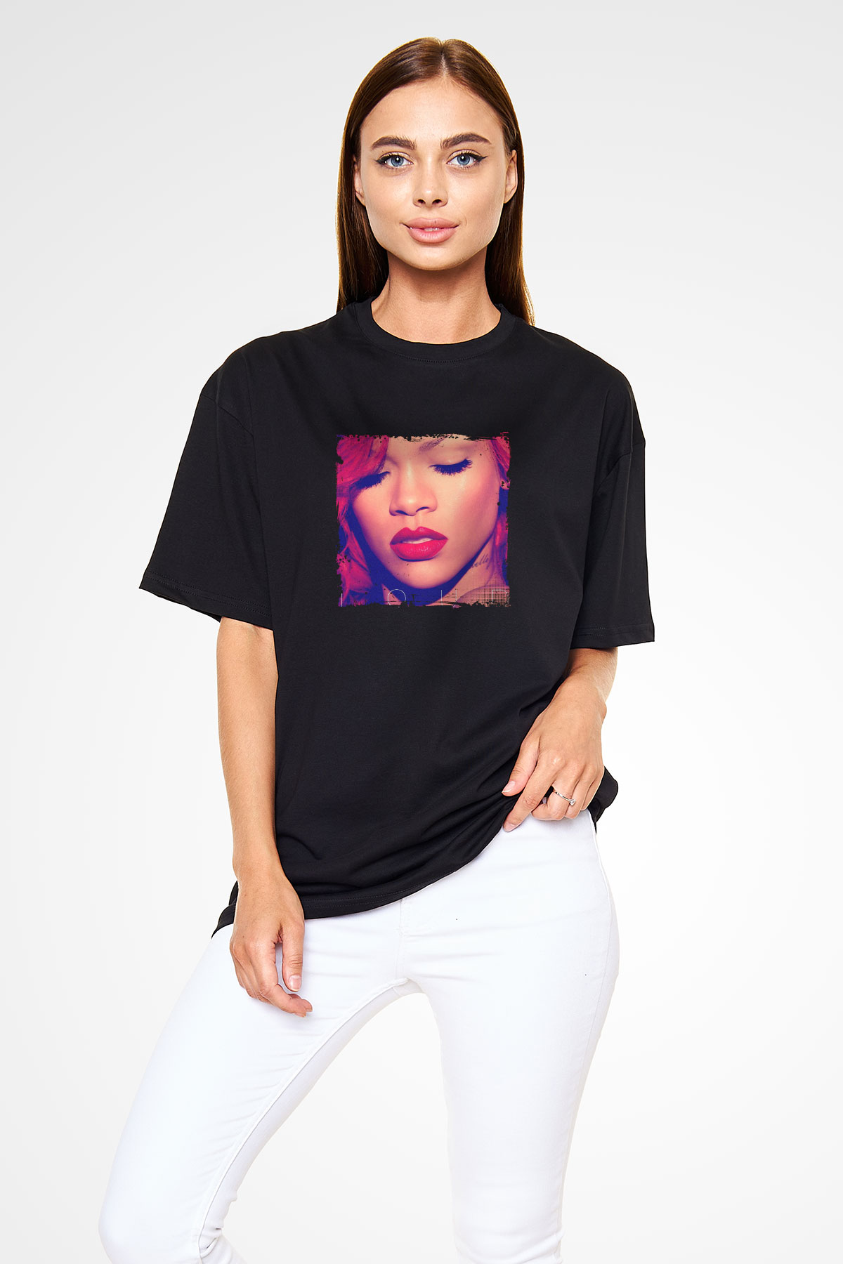 Rihanna Baskılı Unisex Oversize Siyah Tişört