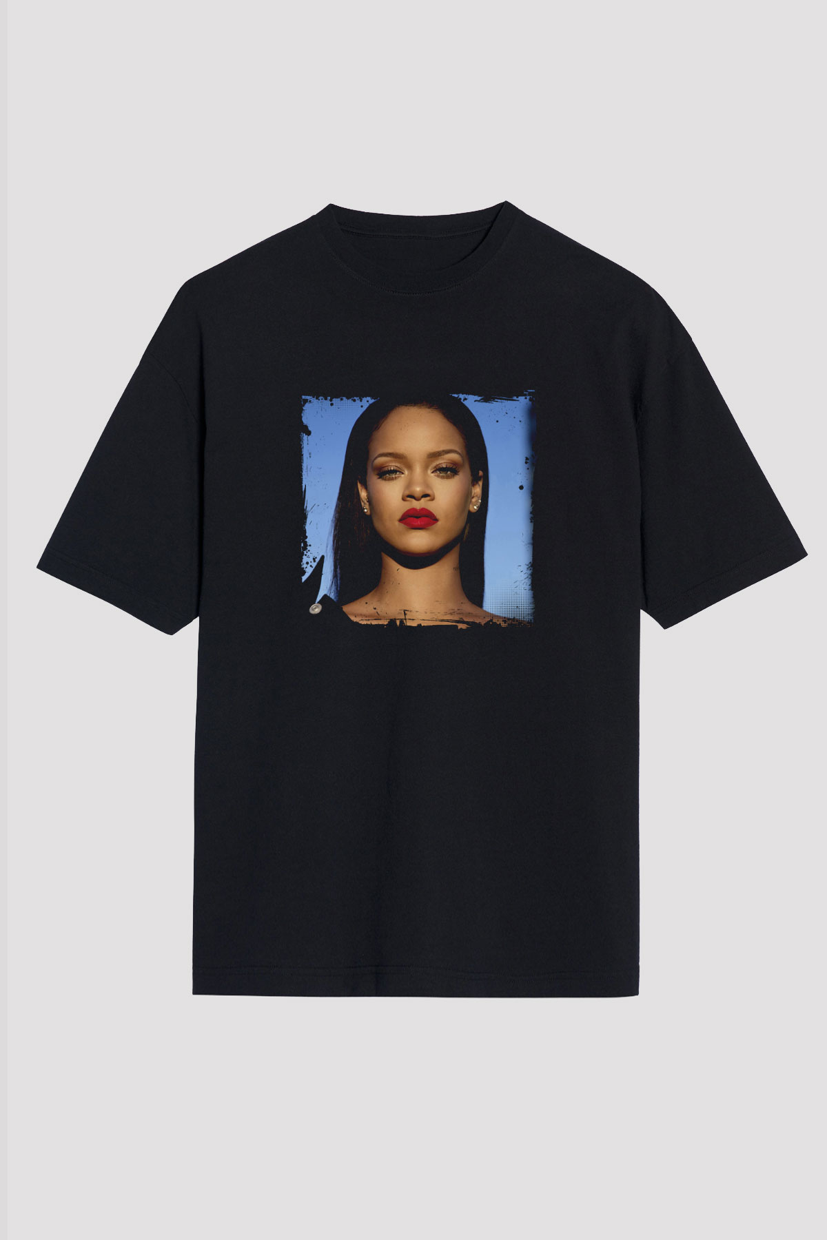 Rihanna Baskılı Unisex Oversize Siyah Tişört
