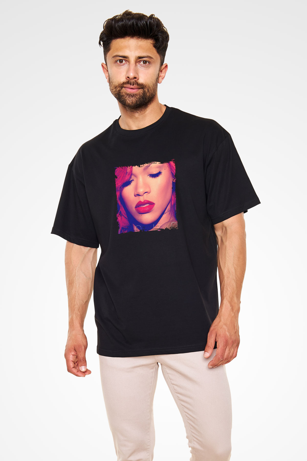 Rihanna Baskılı Unisex Oversize Siyah Tişört
