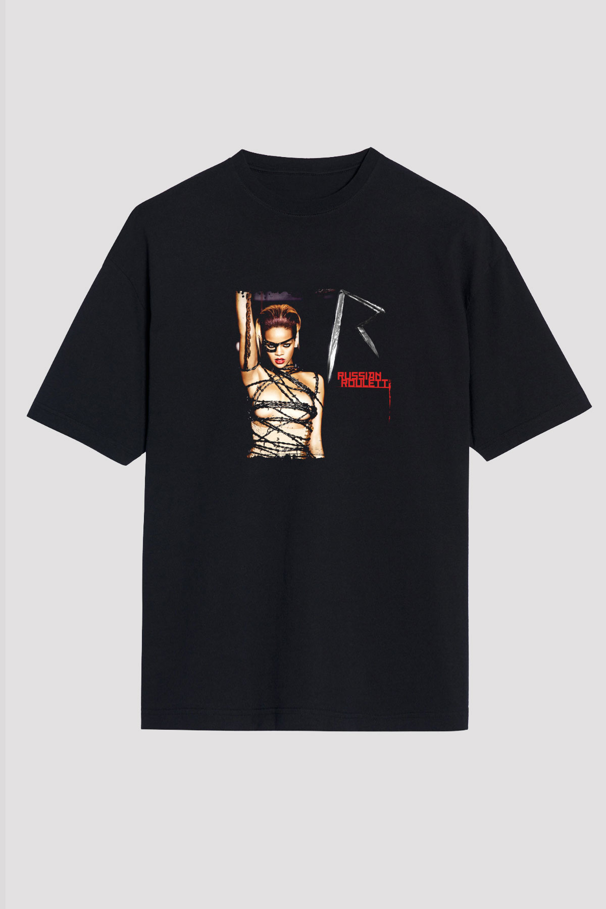 Rihanna Baskılı Unisex Oversize Siyah Tişört