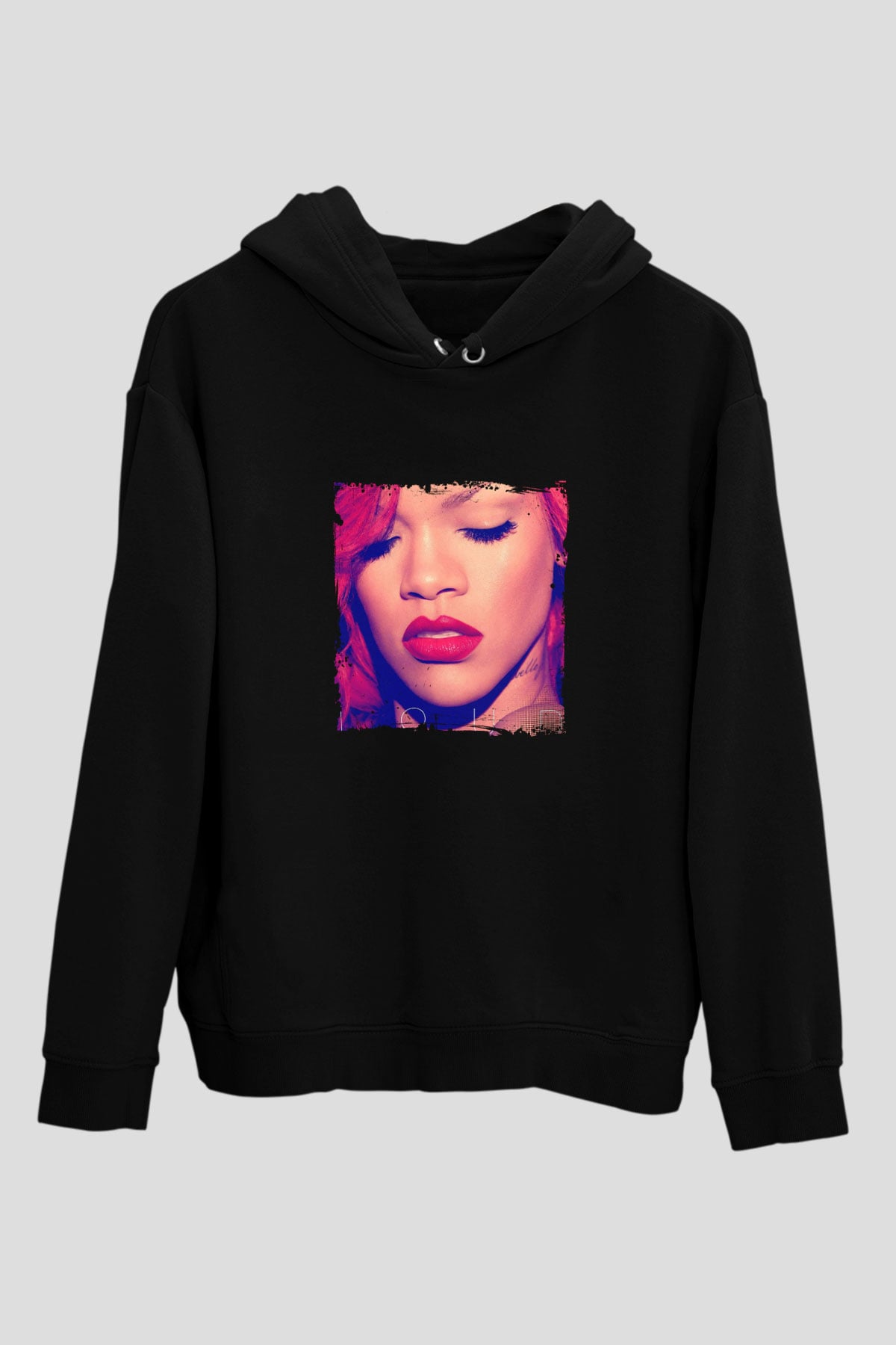Rihanna Baskılı Unisex Siyah Hoodie