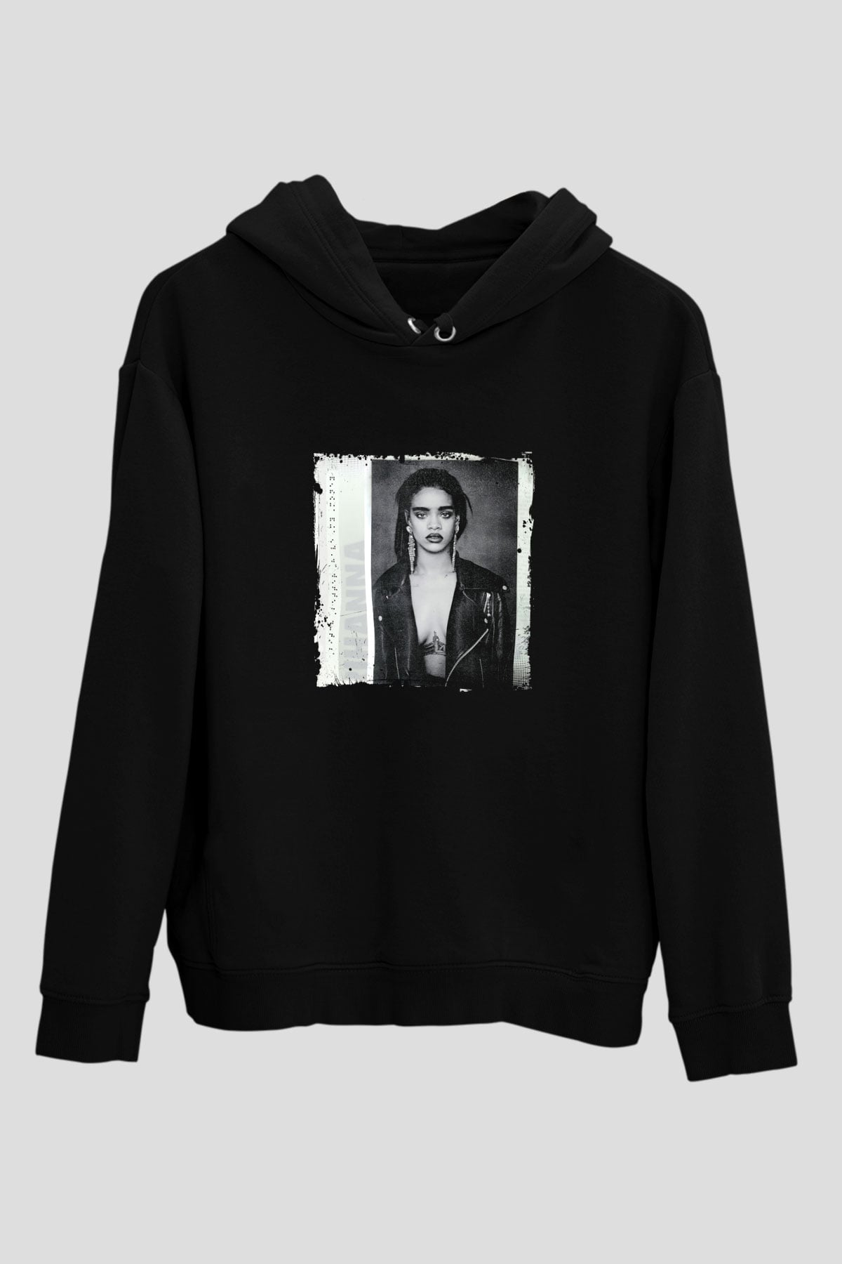 Rihanna Baskılı Unisex Siyah Hoodie