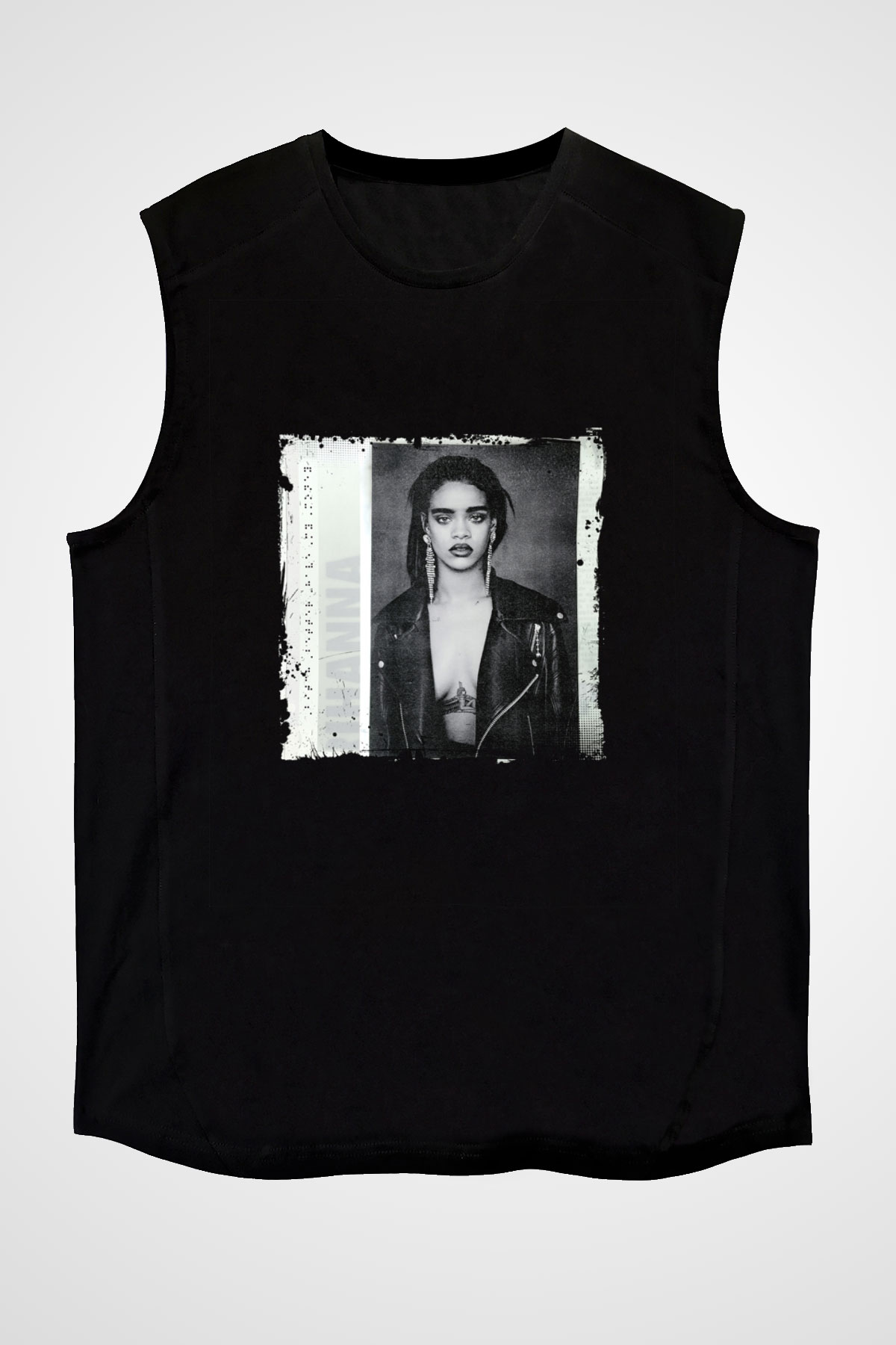 Rihanna Baskılı Unisex Siyah Kolsuz Tişört