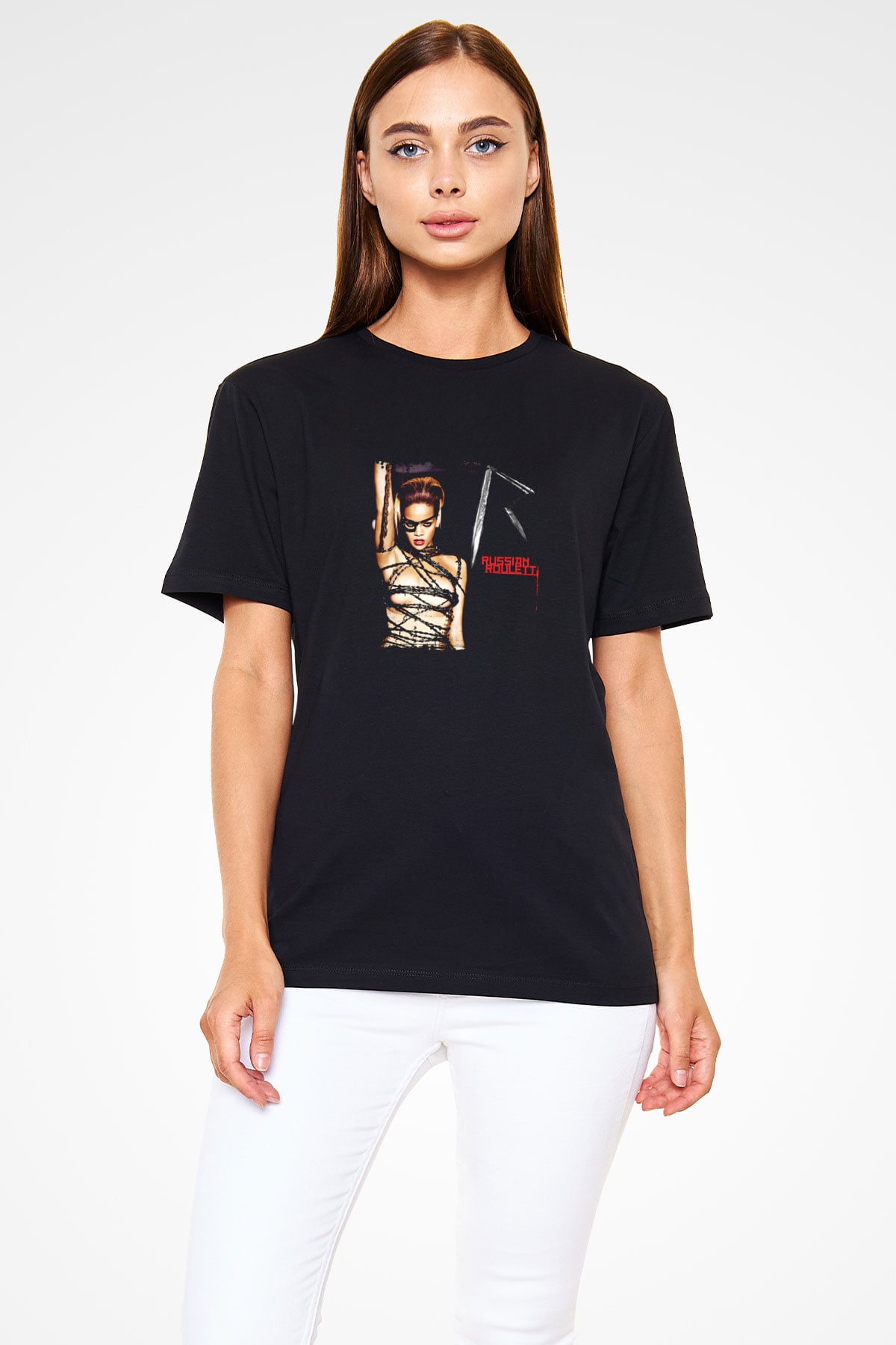 Rihanna Baskılı Unisex Siyah Tişört