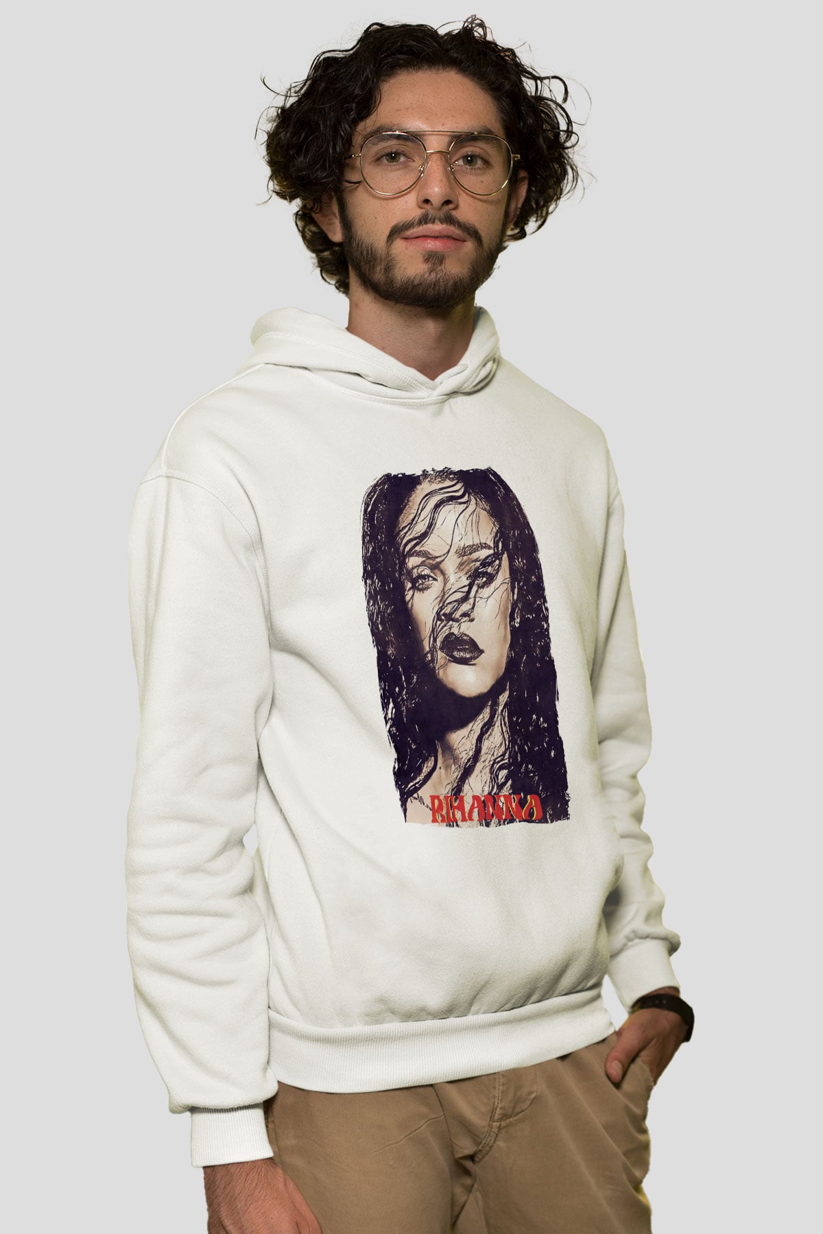 Rihanna Beyaz Unisex Kapüşonlu Sweatshirt