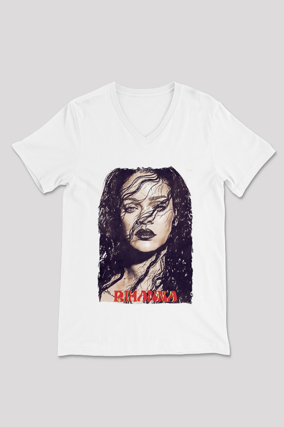 Rihanna Beyaz Unisex V Yaka Tişört
