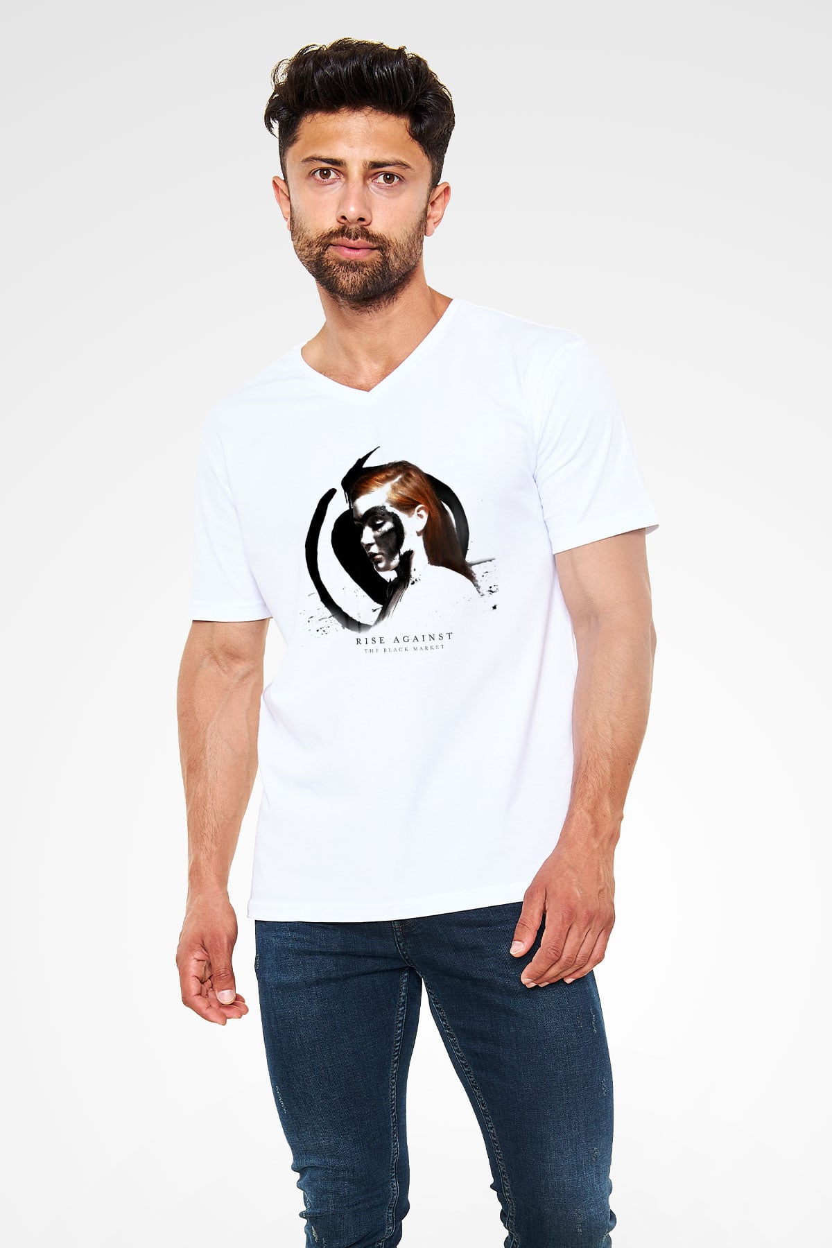 Rise Against Beyaz Unisex V Yaka Tişört T-Shirt