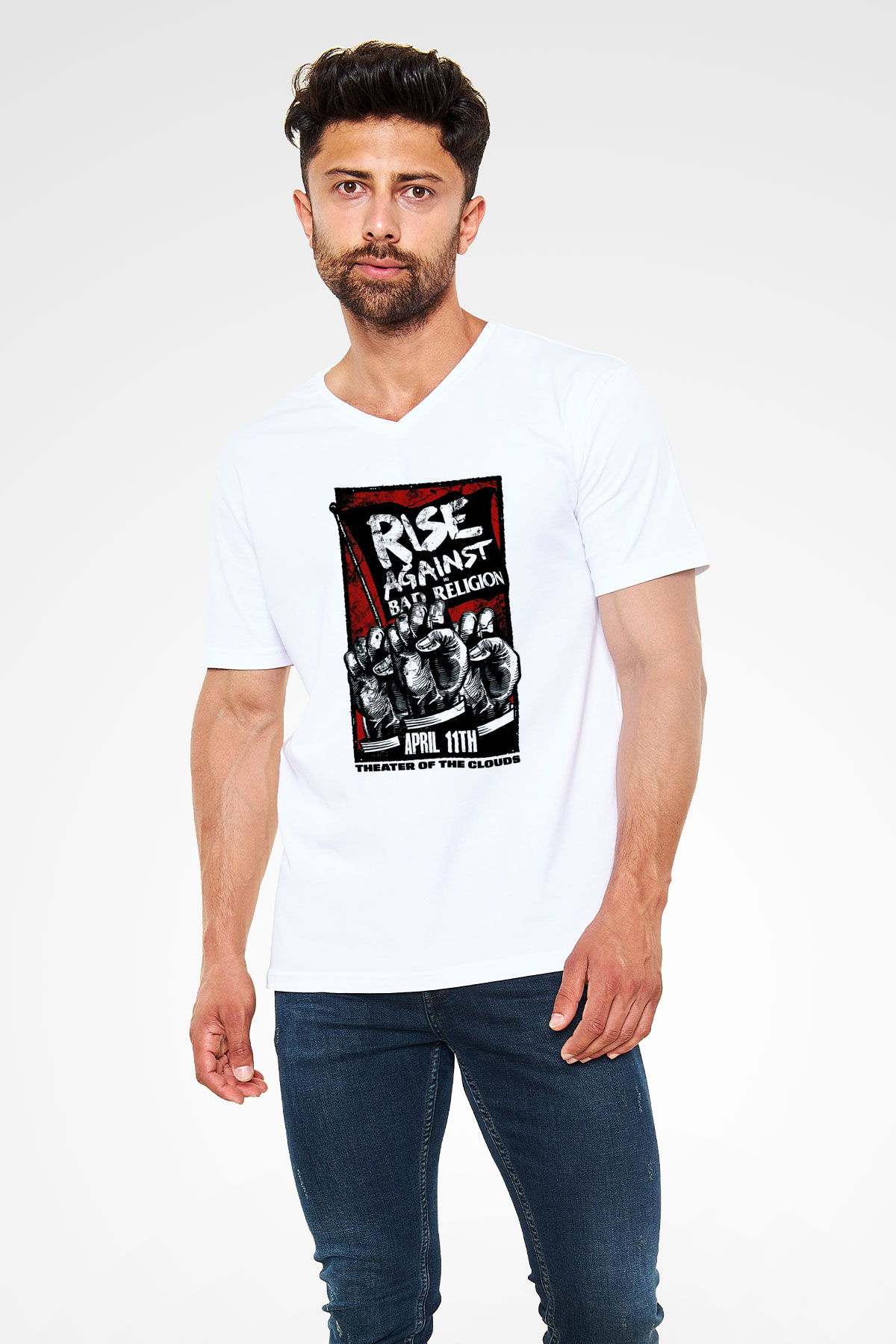 Rise Against Beyaz Unisex V Yaka Tişört T-Shirt