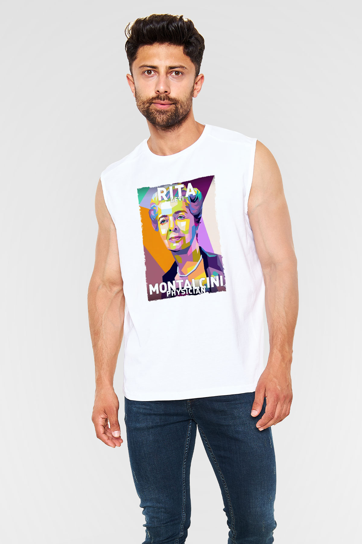 Rita Levi Montalcini Baskılı Unisex Kolsuz Beyaz Tişört - Tshirt